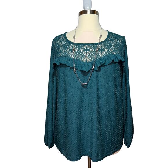 Zac & Rachel Tops - Zac & Rachel Woman 2X Green Swiss Dot Lace Yoke Blouse Long Sleeve Flowy Top
